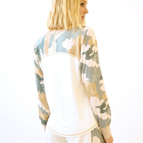 MYSTREE Cream Camo Sleeve Tie Front Top, Long Sleeve Lightweight Lounge Pullover - Picture 4 of 5
